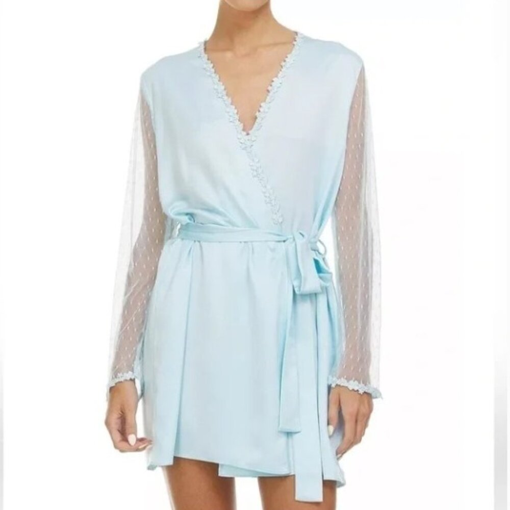 Flora Nikrooz Showstopper Long-Sleeve Lace-Back Cover-Up in Sky -Size Small -NWT